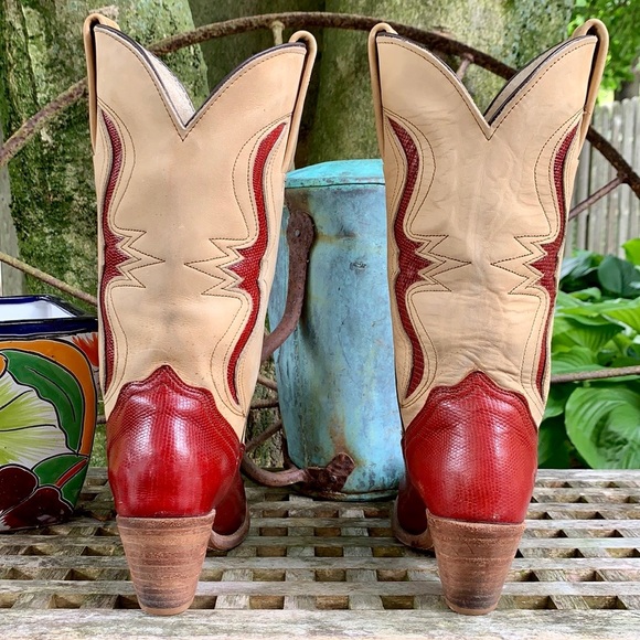 FRYE Vintage Red Lizard Leather Heeled Western Cowboy Boots—Made in USA, Size 7 - Picture 3 of 12